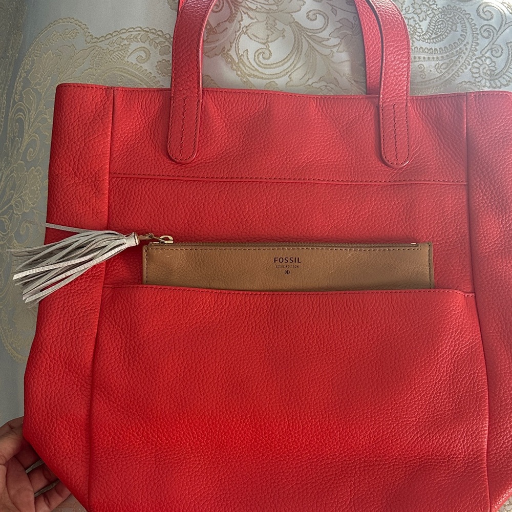 Fossil Vibrant Red and Tan Tote Bag